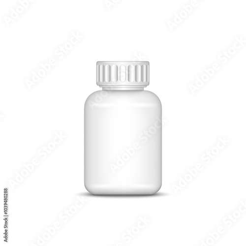 Plastic opaque white pill bottle blank mockup isolated on the white background with a secure screw ribbed cover realistic 3D vector object, suitable for medicine, vitamins, and healthcare products.
