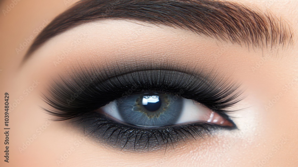 Fototapeta premium Close-up of a woman's blue eye, adorned with long lashes and a slim line of black eyeliner above