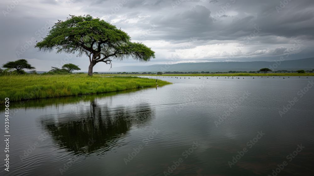 serene landscape featuring solitary tree by calm lake, reflecting dark storm clouds above. scene evokes sense of tranquility and anticipation serene landscape featuring solitary tree by calm lake, reflecting dark storm clouds above. scene evokes sense of tranquility and anticipation