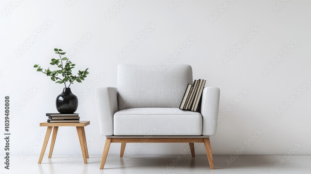 A realistic photo of a minimalist setup featuring a light gray armchair with wooden legs, a small wooden side table holding books, and a black vase with greenery. The contemporary design is captured A realistic photo of a minimalist setup featuring a light gray armchair with wooden legs, a small wooden side table holding books, and a black vase with greenery. The contemporary design is captured