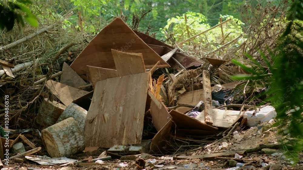 Chaotic pile of wood, plastic, and tree remnants, illustrating the grim aftermath of illegal logging. This scene highlights environmental degradation and the urgent need for conservation efforts Chaotic pile of wood, plastic, and tree remnants, illustrating the grim aftermath of illegal logging. This scene highlights environmental degradation and the urgent need for conservation efforts