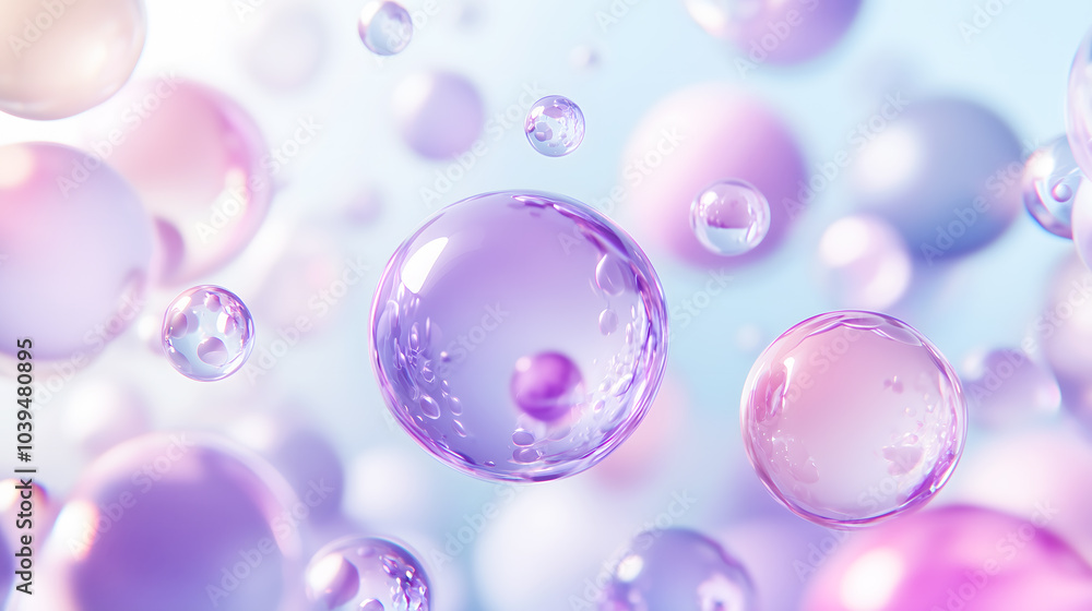 Transparent and translucent pink-purple spheres float in a light blue gradient background, creating a serene and minimalist aesthetic. Transparent and translucent pink-purple spheres float in a light blue gradient background, creating a serene and minimalist aesthetic.
