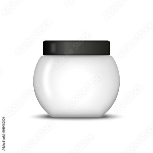 White plastic sphere shape jar blank mockup with a black lid realistic 3d vector, suitable for creams, cosmetics, and skincare products, packaging for beauty, health, and personal care applications.