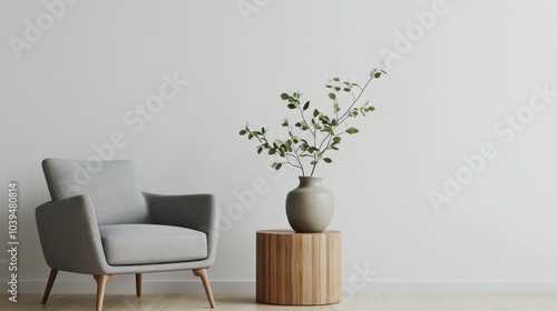 Wallpaper Mural A realistic photo of a minimalist interior setup with a sleek gray armchair on the left and a wooden side table beside it. The vase with greenery adds a decorative touch to the clean, modern Torontodigital.ca