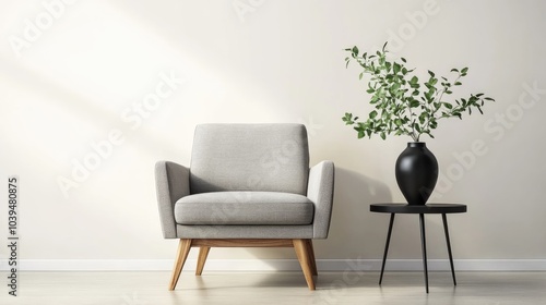 A realistic photo showcasing a modern gray armchair with wooden legs, positioned next to a minimalist side table. The black vase with greenery on the table adds a touch of elegance to the serene,