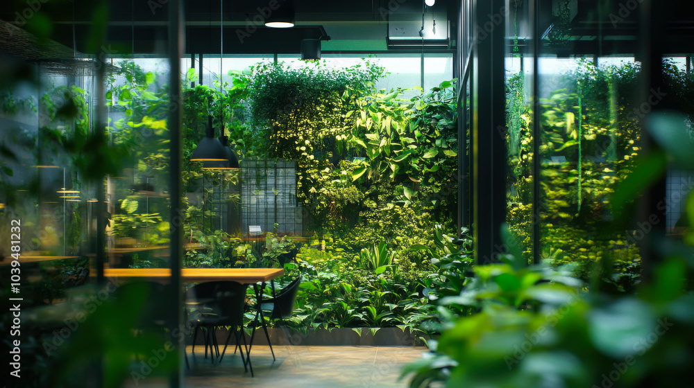Tranquil indoor garden space with lush greenery and wooden table set for conversation Tranquil indoor garden space with lush greenery and wooden table set for conversation
