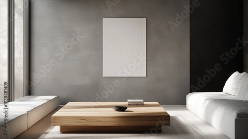 Wallpaper Mural A realistic photo of a contemporary living room featuring a wooden square coffee table near a white sofa. The grey wall, adorned with an art poster, adds sophistication to the minimalist space. Shot Torontodigital.ca