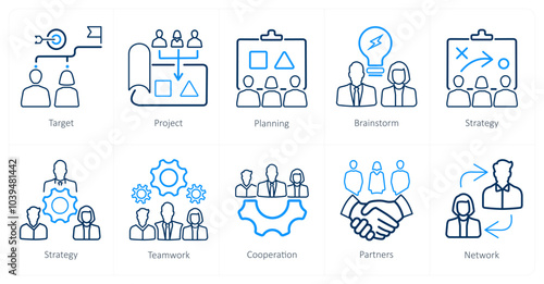 A set of 10 Teamwork icons as target, project, planning, brainstorm