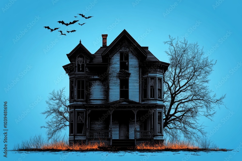 Eerie old mansion with barren trees and flying bats set in a desolate foggy landscape under a pale blue sky evoking gothic horror and a spooky abandoned feel Eerie old mansion with barren trees and flying bats set in a desolate foggy landscape under a pale blue sky evoking gothic horror and a spooky abandoned feel