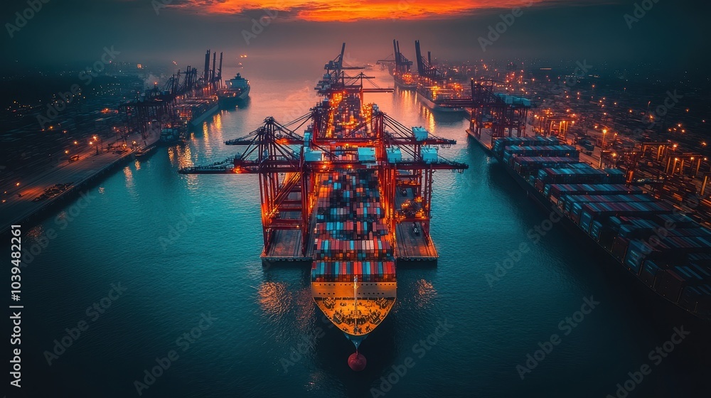 Naklejka premium Aerial View of a Bustling Container Port at Sunset with Vibrant Colors and Industrial Activity