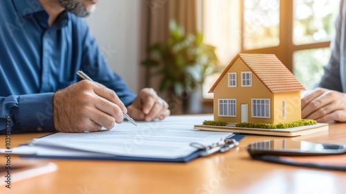 Wallpaper Mural High-resolution photorealistic image of a landlord reviewing rental agreements with tenants while a house model is displayed on the table This scene reflects professionalism and trust in closing a Torontodigital.ca