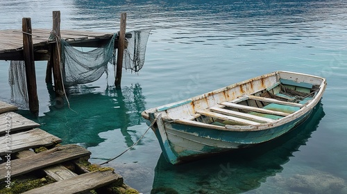 A small fishing boat docked at a rustic pier, weathered nets hanging, surrounded by calm waters photo