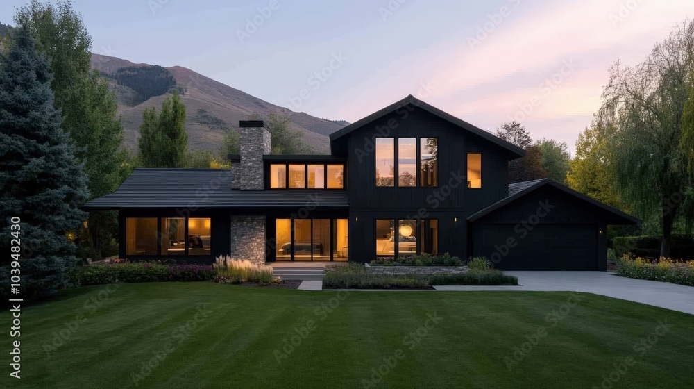 modern mountain home with dark exterior and large windows modern mountain home with dark exterior and large windows