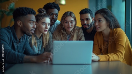 High-resolution photorealistic capture of a multiethnic team of colleagues watching a video presentation on a laptop in a sleek, minimalist co-working space Their positive interaction and focus are