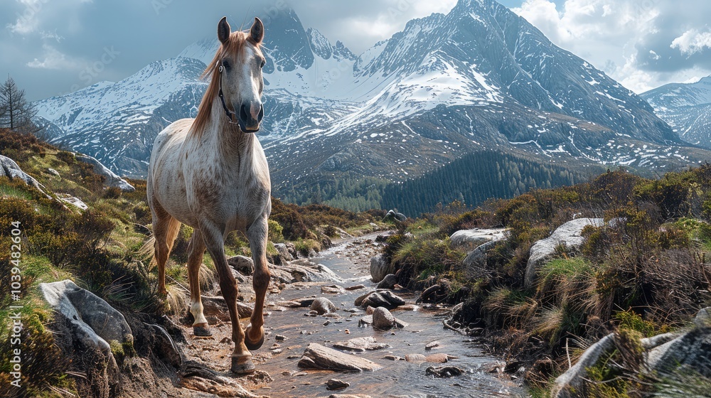 Fototapeta premium A horse trekking along a mountain trail in early spring. navigates rocky paths surrounded by budding greenery and the remnants of winter snow, with a backdrop of towering mountain peaks.