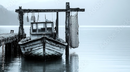 A small fishing boat docked at a rustic pier, weathered nets hanging, surrounded by calm waters photo