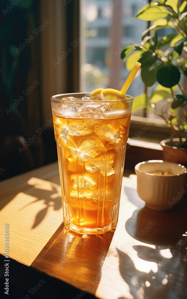 generated illustration  glass of  ice tea cocktail decorated with lemon slice