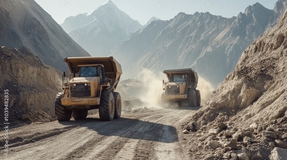 Large Machinery Moving Rocks in Mountainous Quarry Large Machinery Moving Rocks in Mountainous Quarry