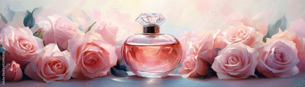 Elegant Perfume Bottle Surrounded by Delicate Pink Roses in a Soft, Dreamy Setting with Gentle Lighting Elegant Perfume Bottle Surrounded by Delicate Pink Roses in a Soft, Dreamy Setting with Gentle Lighting