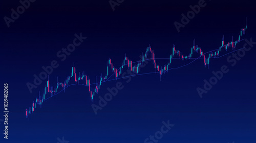 A blue screen shows a candlestick chart with a line going up. This represents the idea of making money through online trading of currencies worldwide.