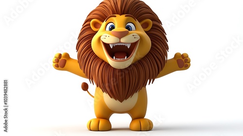 Cheerful Lion Cartoon: A vibrant and cheerful cartoon lion with a wide, toothy grin and outstretched arms, radiating joy and positivity. Perfect for adding a touch of whimsy to your projects.   photo