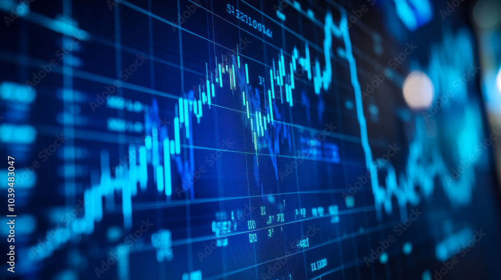 A blue screen shows a candlestick chart with a line going up. This represents the idea of making money through online trading of currencies worldwide. A blue screen shows a candlestick chart with a line going up. This represents the idea of making money through online trading of currencies worldwide.