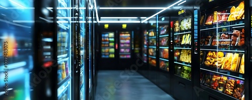 Touchscreen interfaces and AI for nutritional advice in a hospital's high-tech vending area.