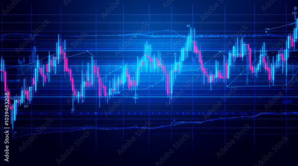 A blue screen shows a candlestick chart with a line going up. This represents the idea of making money through online trading of currencies worldwide. A blue screen shows a candlestick chart with a line going up. This represents the idea of making money through online trading of currencies worldwide.