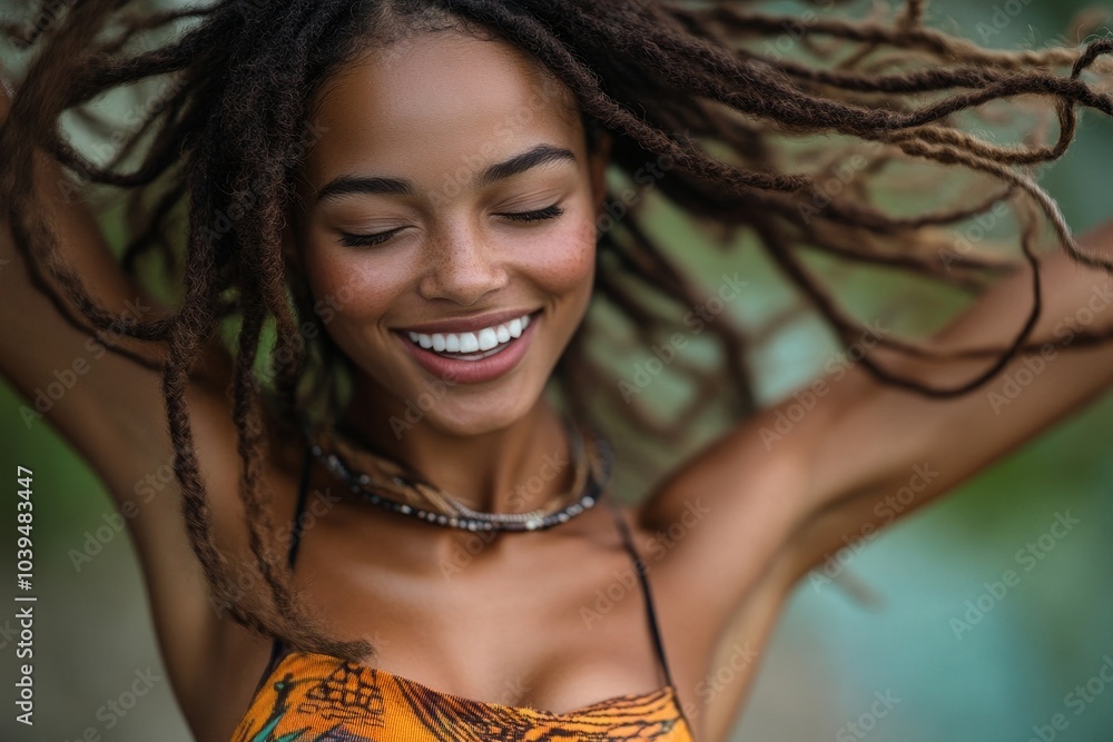 Excited black woman dancing and whipping her dreadlocks, Generative AI