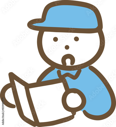 冊子を読んでいる作業員の若い男性(上半身)