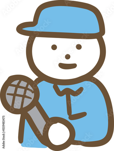 インタビューするマイクを持った作業員の若い男性(上半身)