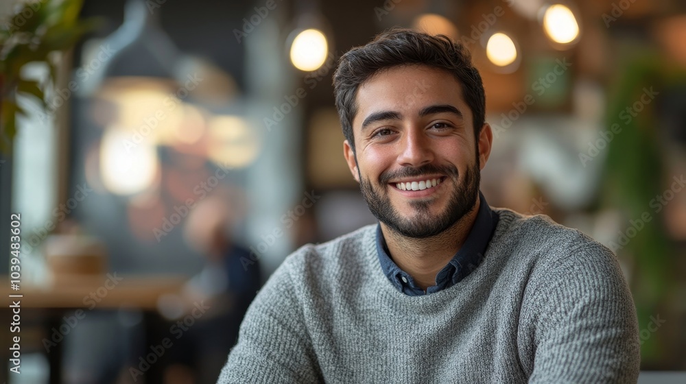 Happy young businessman working in a co-working office, Generative AI