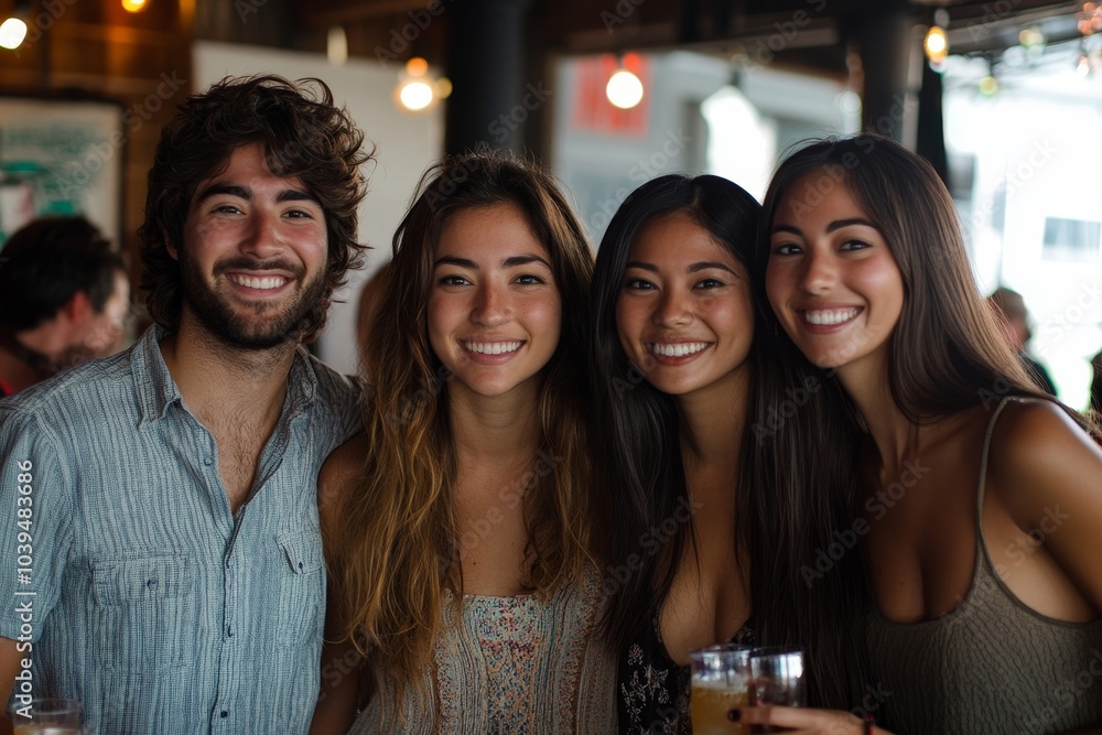 Happy friends smiling at the camera at a party, Generative AI