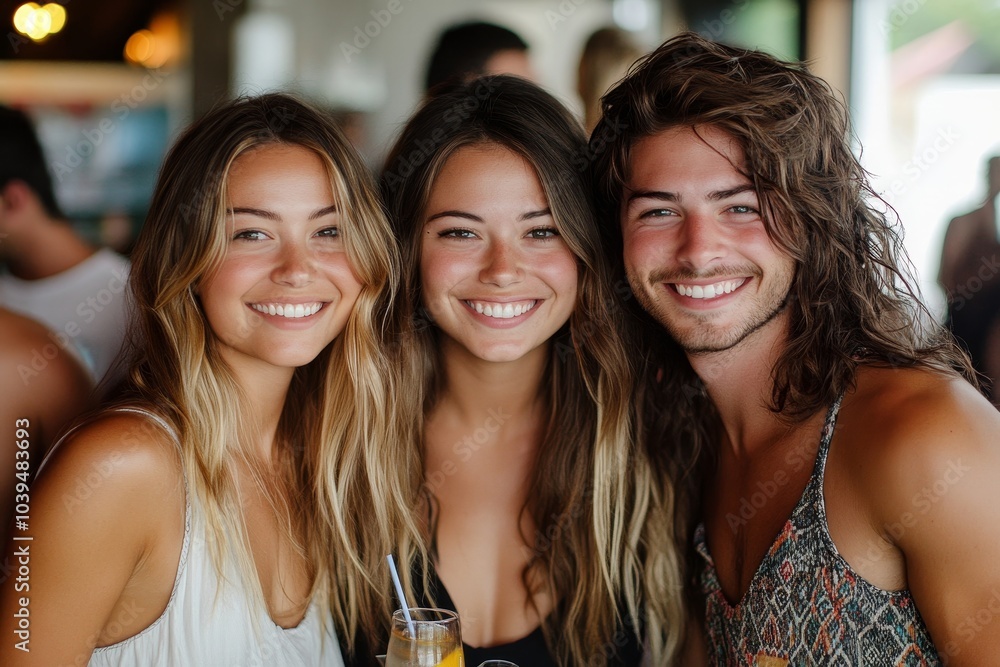 Happy friends smiling at the camera at a party, Generative AI