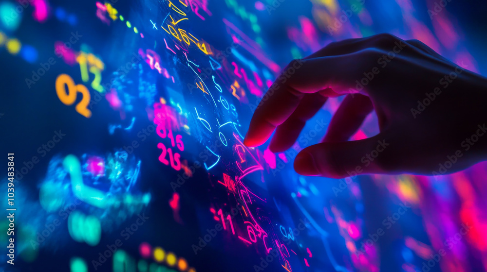 A hand points at a colorful, glowing math equation on a blue screen. This represents the idea of using apps for math and data analysis. A hand points at a colorful, glowing math equation on a blue screen. This represents the idea of using apps for math and data analysis.