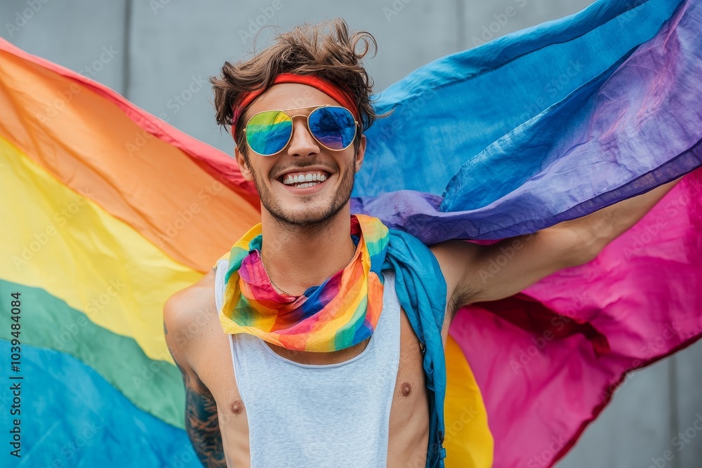 Cheerful transgender man with gay pride flag, Generative AI