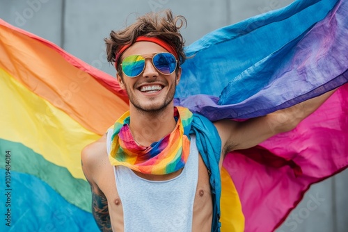Obraz na płótnie Cheerful transgender man with gay pride flag, Generative AI w salonie