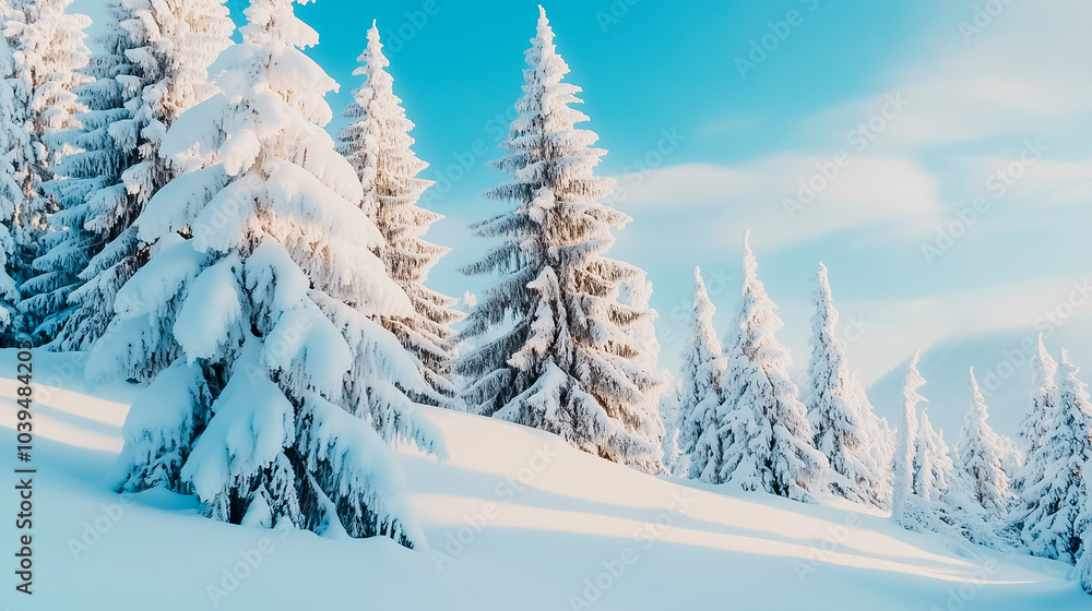 A tranquil winter landscape features untouched snow covering evergreen trees under a clear blue sky