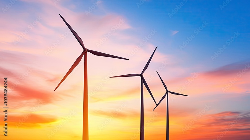 Wind turbines against a vibrant sunset sky, renewable energy concept. Wind turbines against a vibrant sunset sky, renewable energy concept.