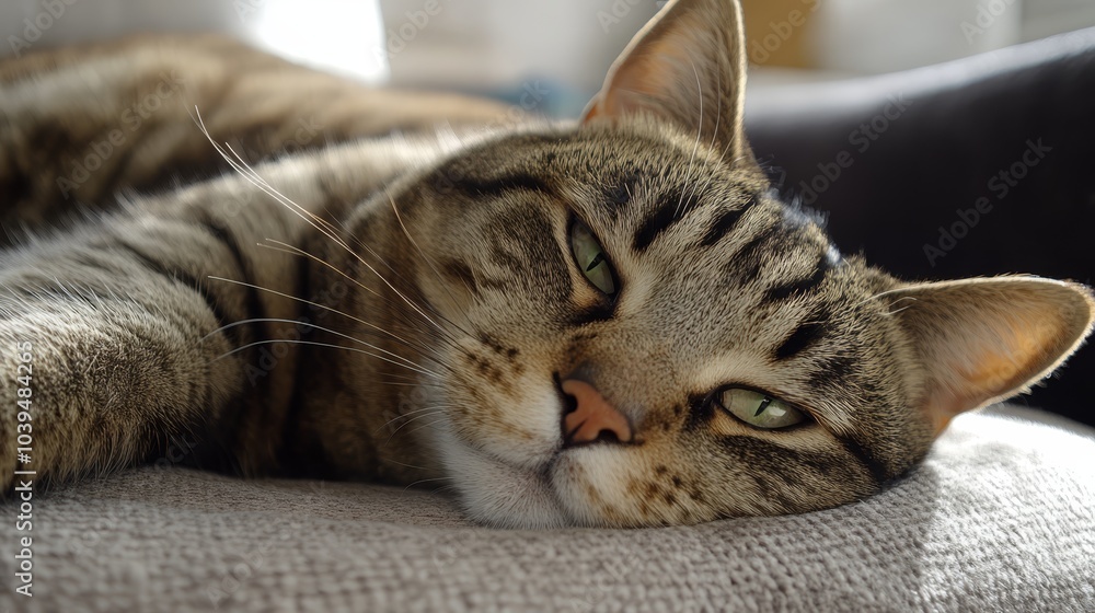 A tight shot of a cat reclining on a couch, its head rested on the cushion's arm A tight shot of a cat reclining on a couch, its head rested on the cushion's arm
