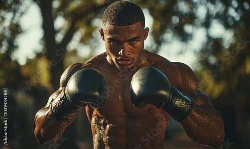 Young man practicing boxing, Generative AI