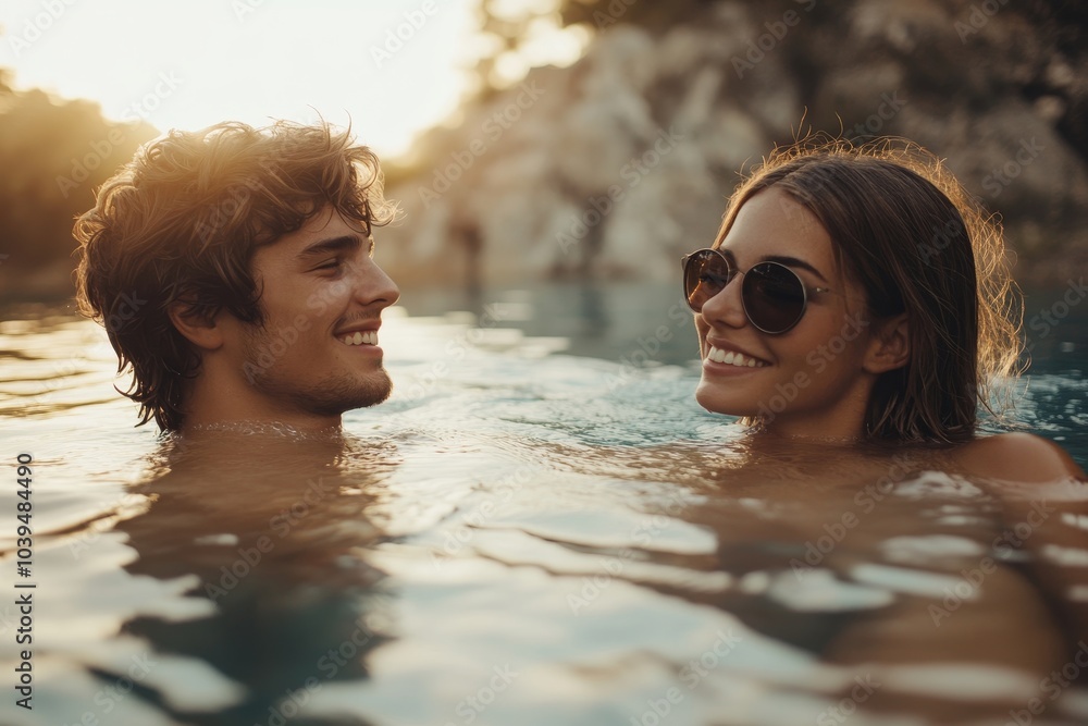 Young couple relaxing in water on a summer day, Generative AI