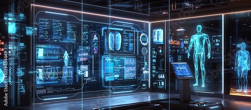 ICU command center using holographic displays and predictive analytics for decision-making.