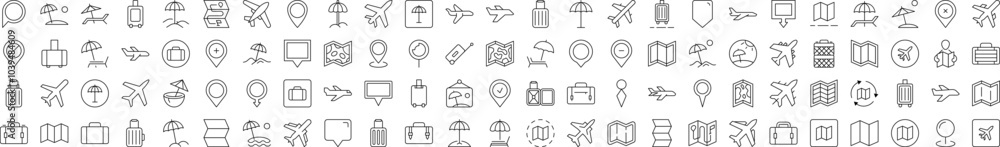 Simple Linear Illustration of Vacation. Contains Icons of Plane, Map, Location, Beach Umbrella that Can Be Used for Design of Cards, Posts, Apps, Web Sites Simple Linear Illustration of Vacation. Contains Icons of Plane, Map, Location, Beach Umbrella that Can Be Used for Design of Cards, Posts, Apps, Web Sites