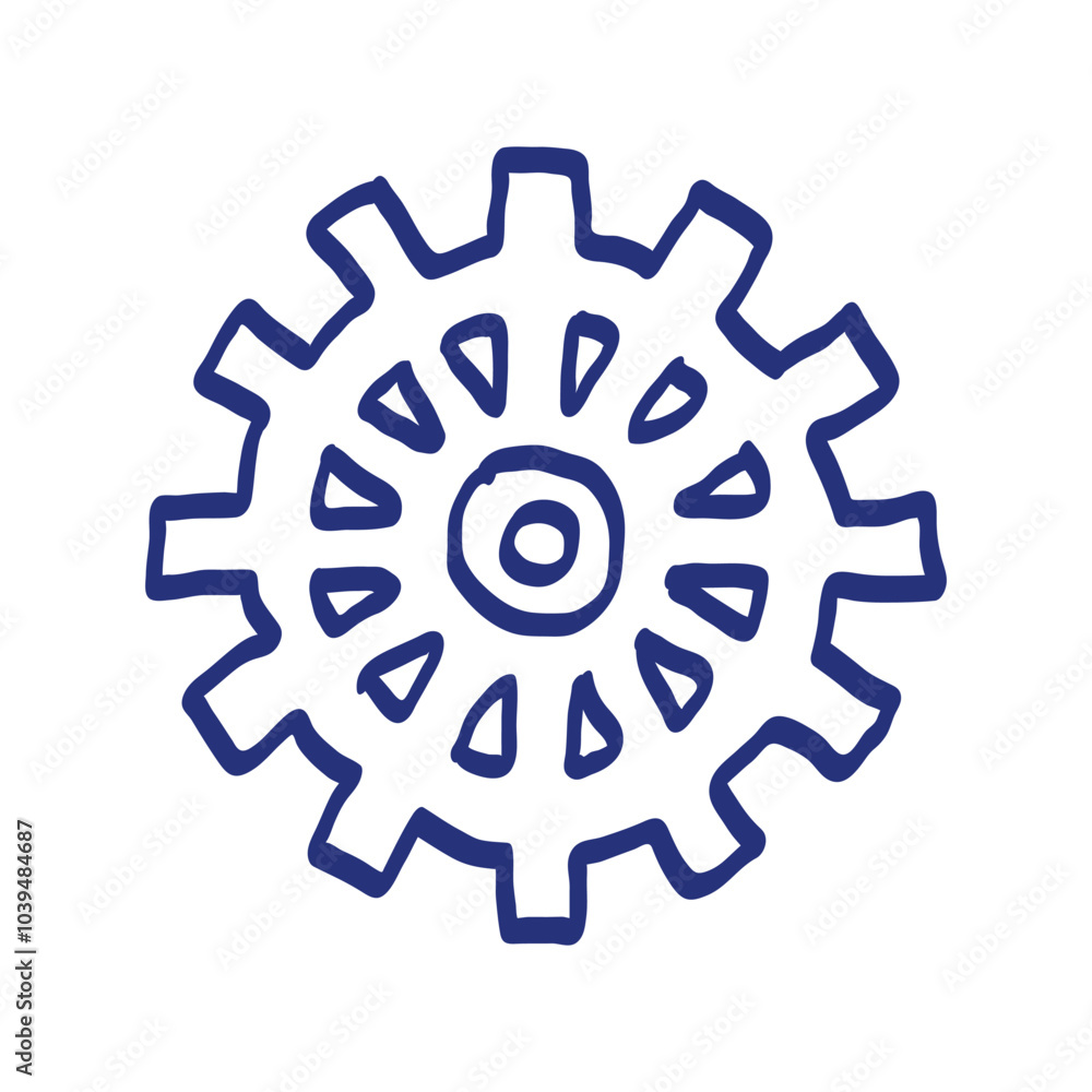 Gear sketch. Hand drawn vector illustration. Blue pen or marker drawing. Primitive kids picture Gear sketch. Hand drawn vector illustration. Blue pen or marker drawing. Primitive kids picture