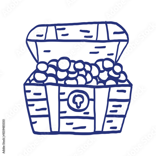 Treasure chest. Pirate item sketch. Doodle hand drawn illustration. Vector icon. Blue pen or marker drawing. Primitive kids picture