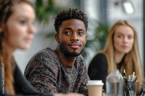 Mixed race people meeting in office, Generative AI