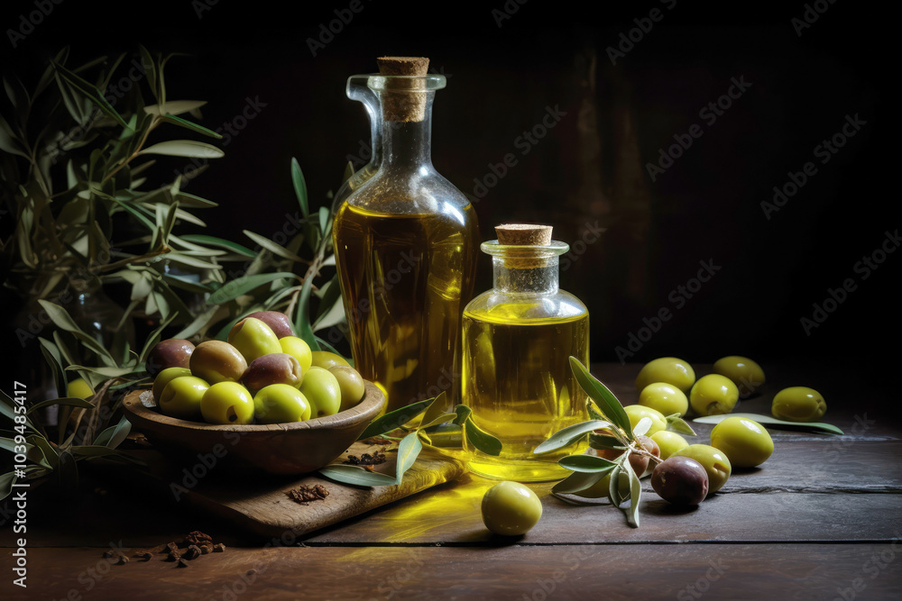 generated illustration of virgin olive oil in a crystal bottle on wooden background generated illustration of virgin olive oil in a crystal bottle on wooden background