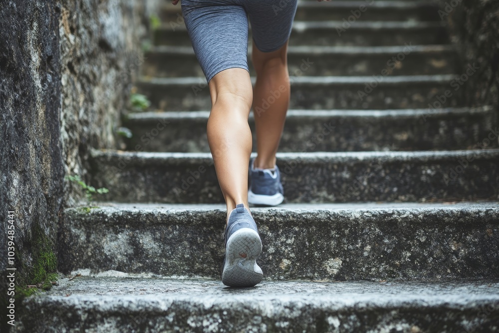 Fitness woman running up on steps, Generative AI