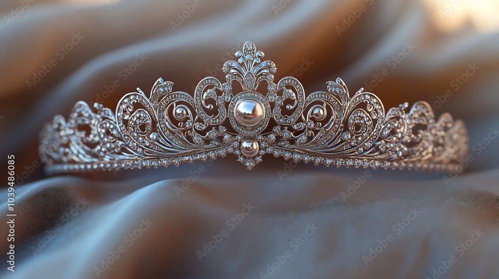 Obraz premium Vintageinspired silver tiara with intricate lacelike patterns isolated on a soft neutral background showcasing its delicate and romantic design